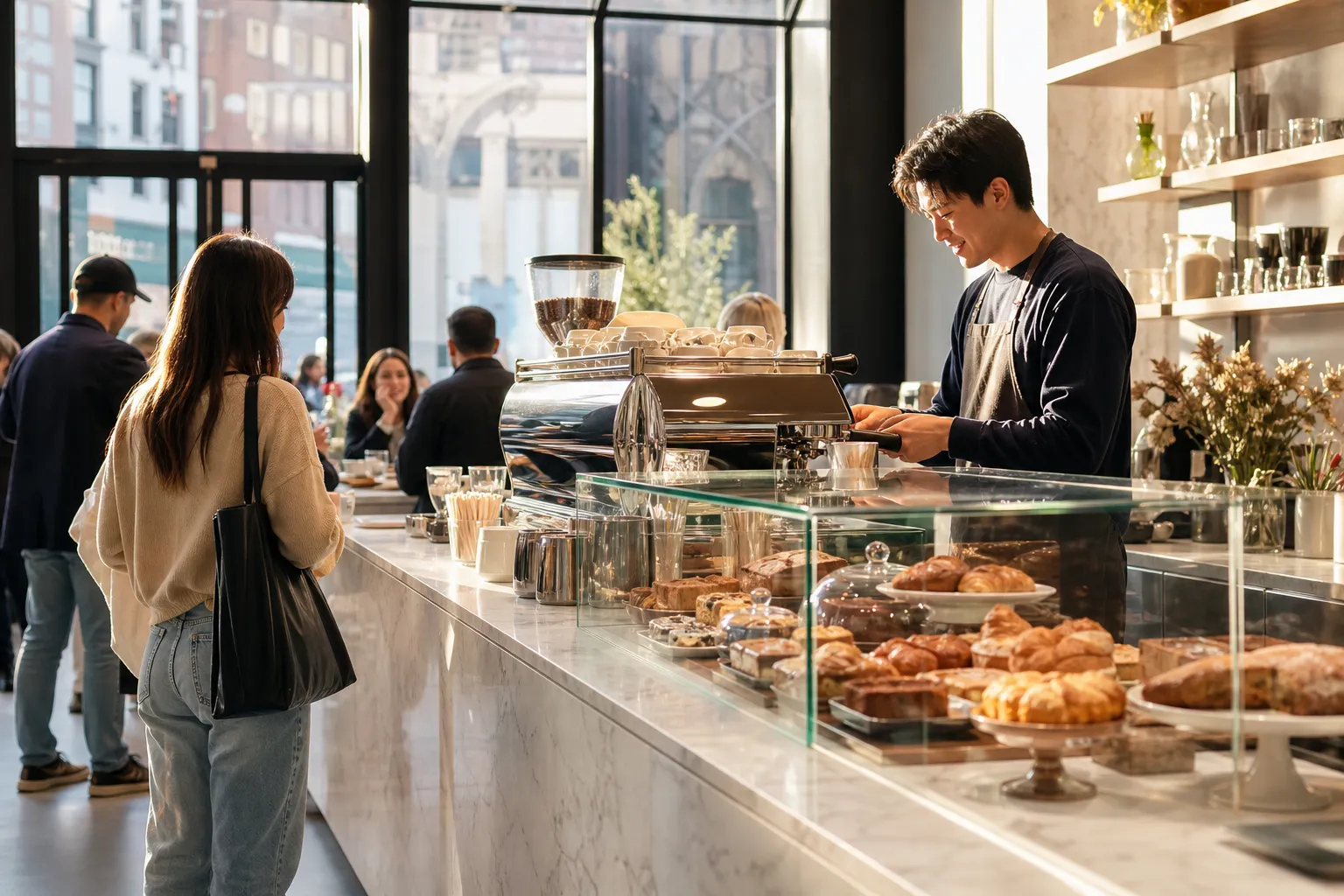A bright late-afternoon NYC coffee counter with warm sun