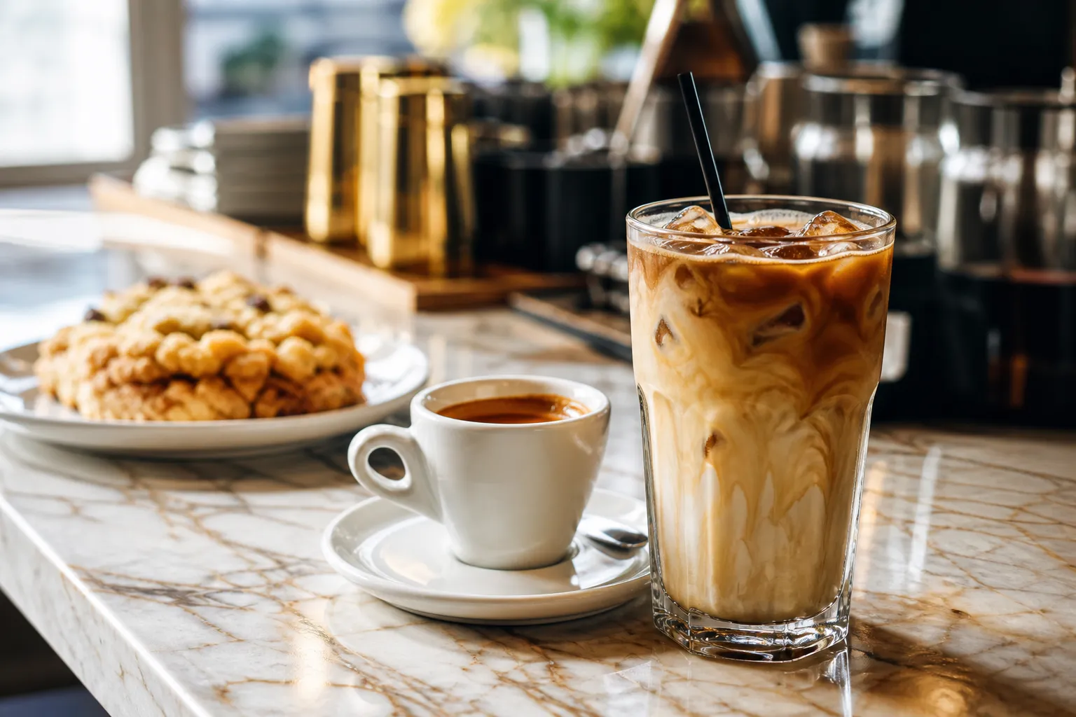 Iced coffee, espresso, and pastry on a polished counter