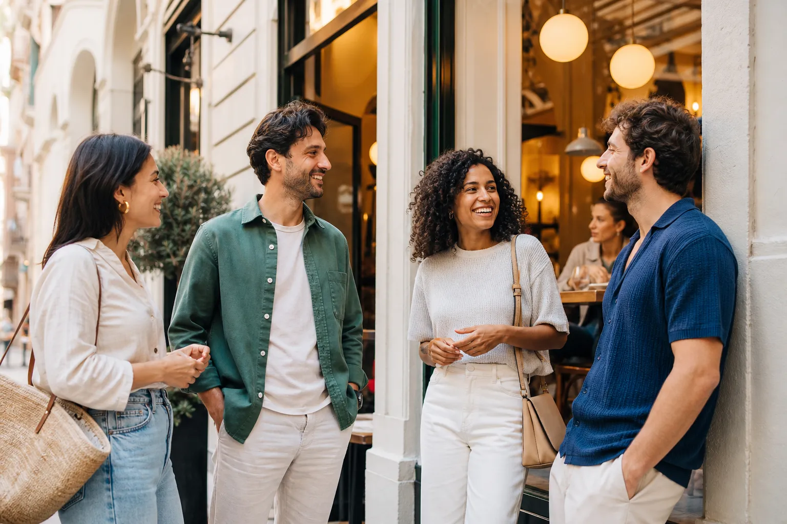 Friends outside a small cafe before dinner in bright street light