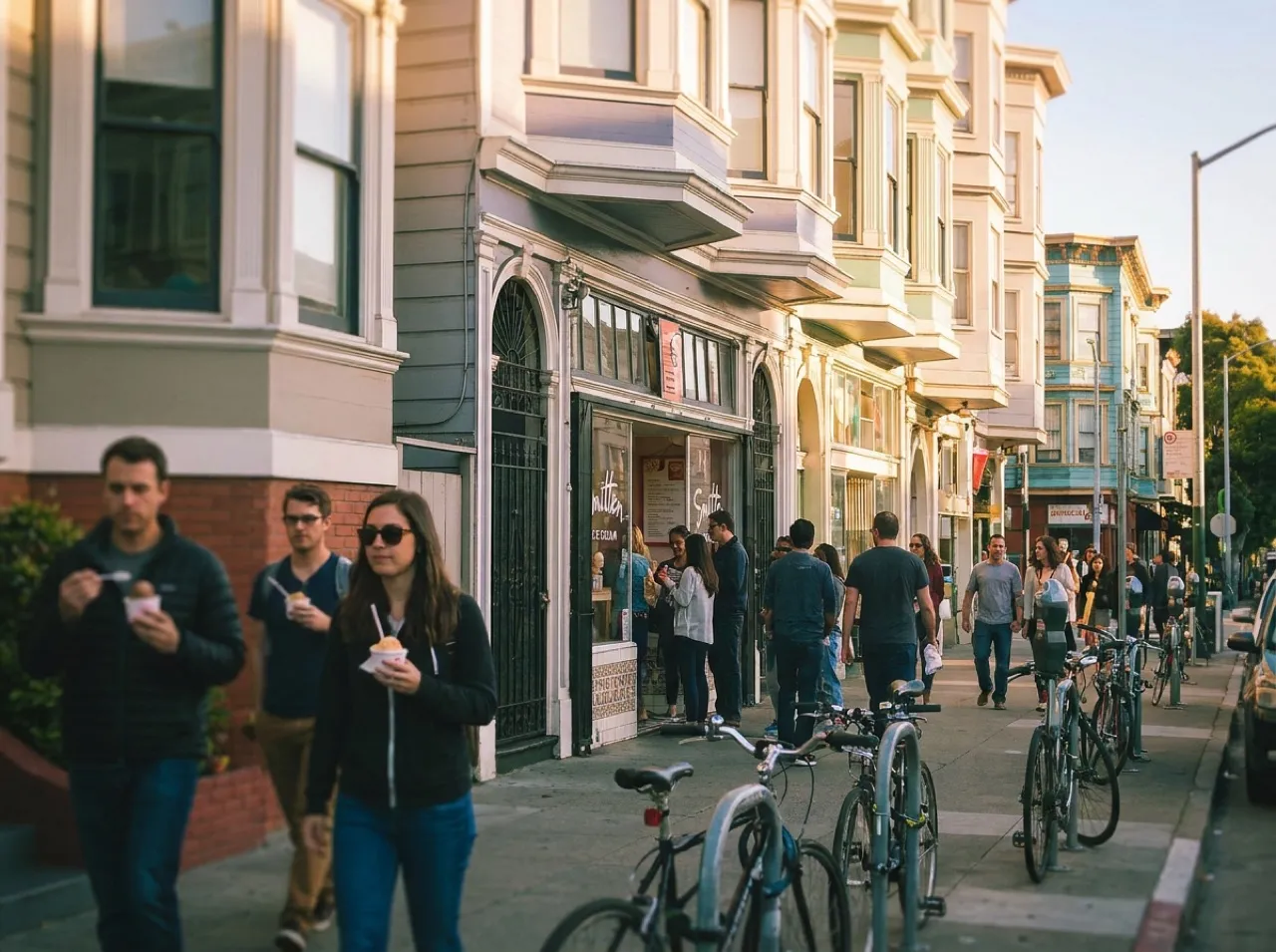 Afternoon streetscape on Valencia Street in San Francisco's Mission District with storefront queue
