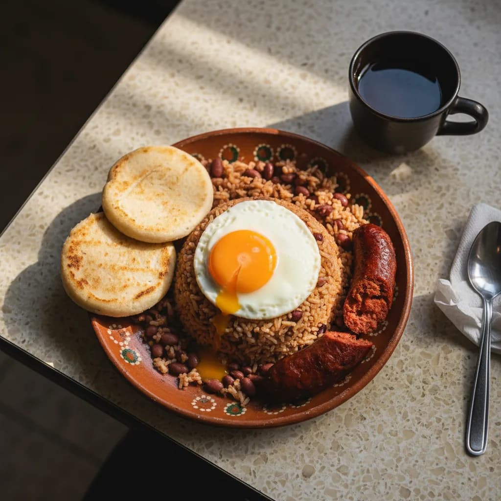 Overhead view of a calentado breakfast plate with rice, beans, fried egg, and arepa in a Miami Colombian cafeteria