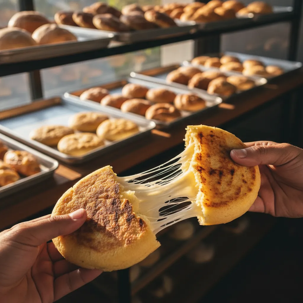 Hands breaking open a golden arepa boyacense revealing melted cheese inside at a bakery counter
