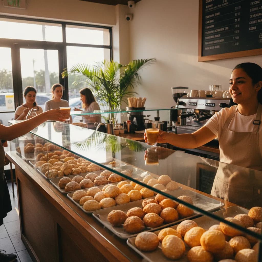 Colombian bakery counter in Miami with trays of pandebono and a cortado in morning light