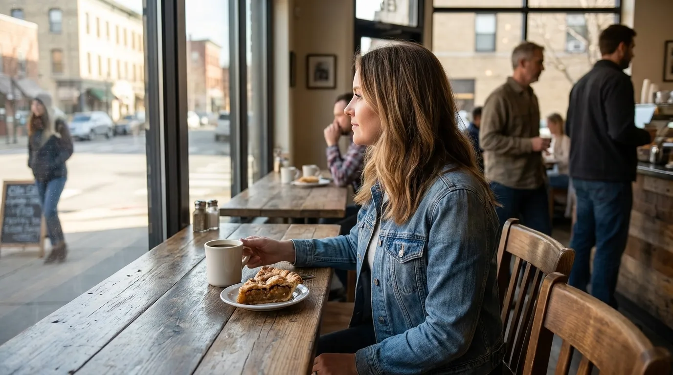 Slice of homemade pie with coffee cup on cafe table in Los Angeles