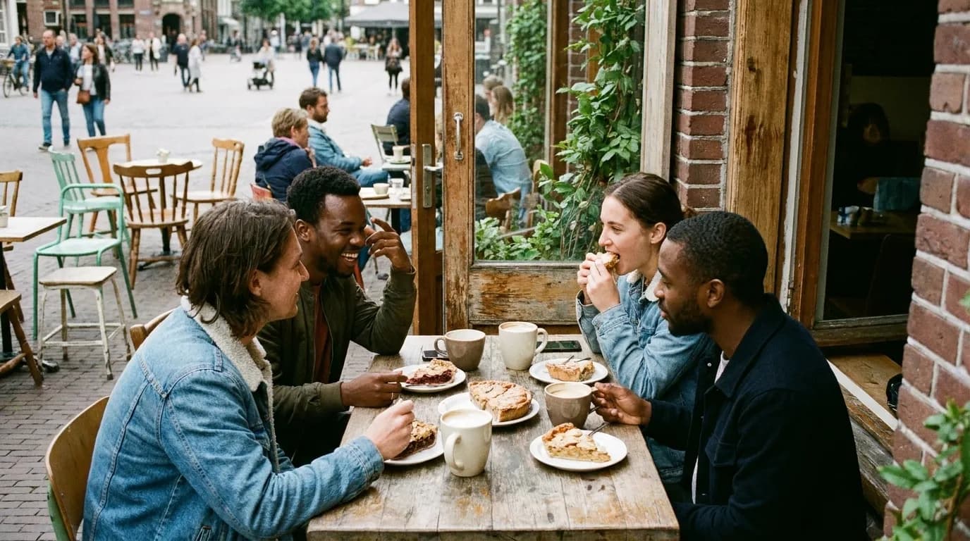 Two people sharing pie and coffee at sunny outdoor cafe table