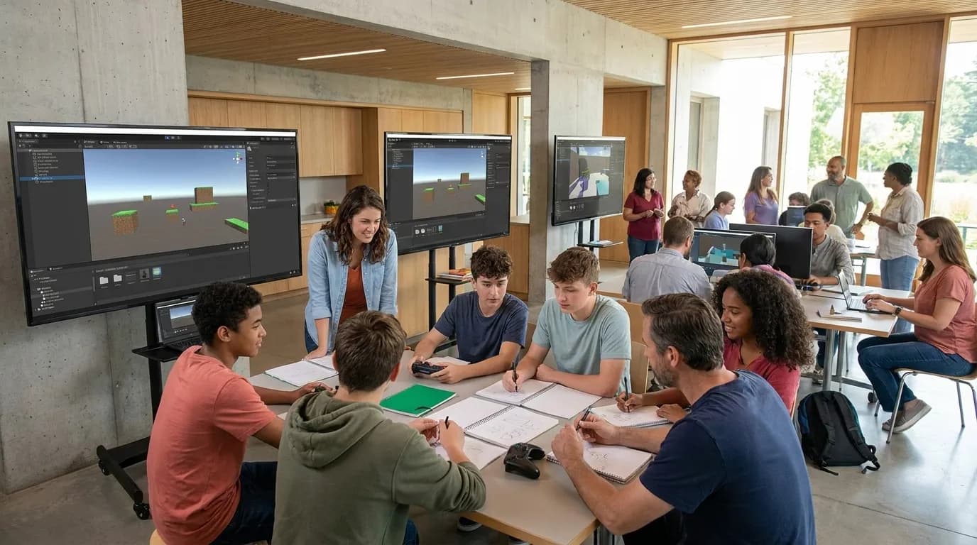 Collaborative gaming and learning space with screens and design workstations in Los Angeles