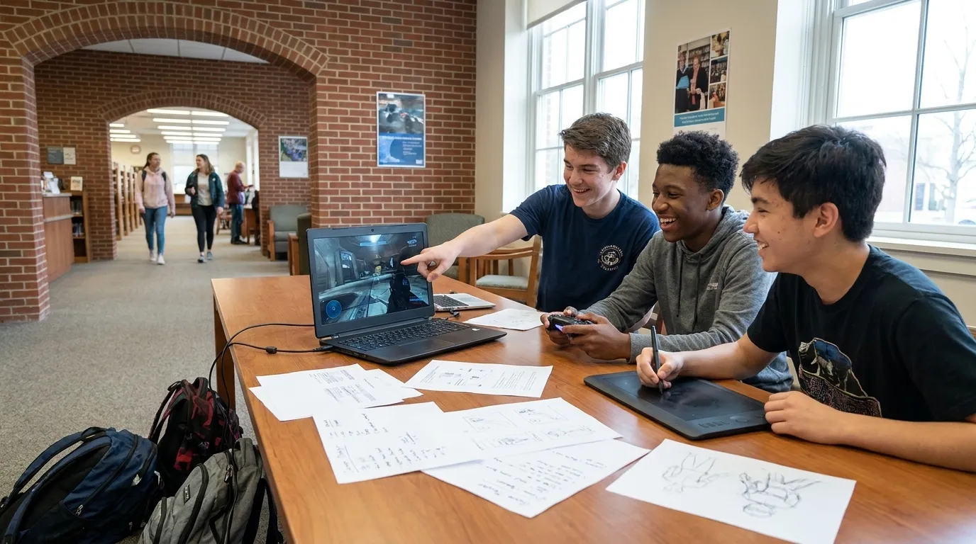Young people collaborating around a computer screen in a bright learning space
