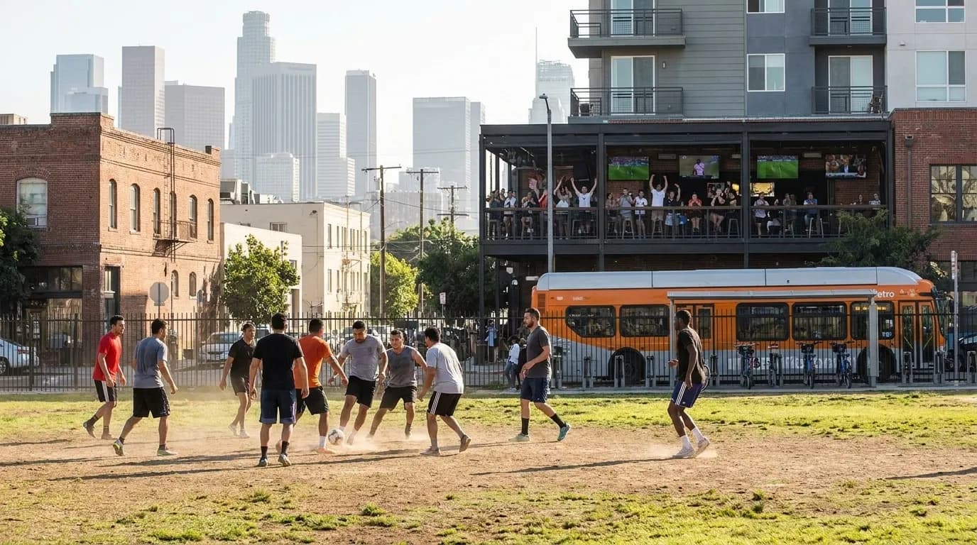 Soccer fans gathering at outdoor viewing area in Los Angeles with city skyline in background