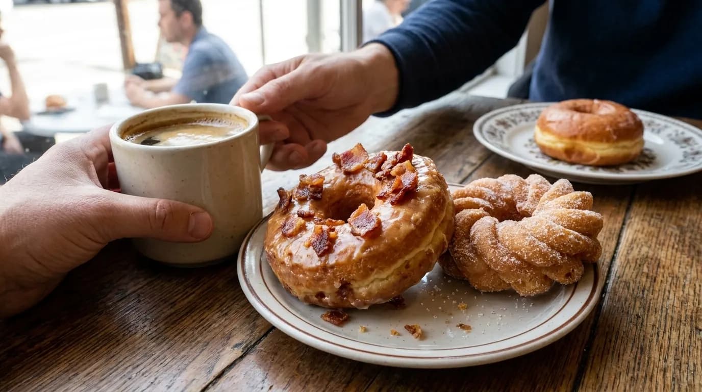 Close-up of cake, raised, and old-fashioned doughnuts showing distinct textures and glazes