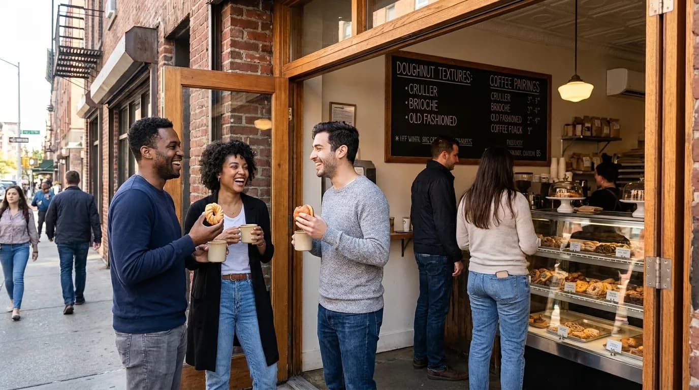 San Francisco street scene with doughnut shop exterior and morning commuters with coffee cups