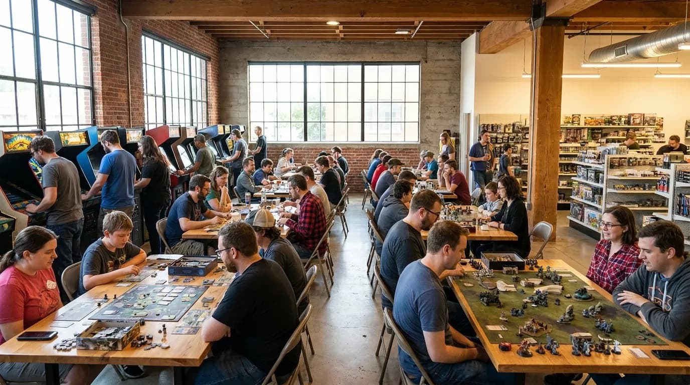 Vintage arcade cabinets and tabletop gaming tables in a San Francisco community gaming space