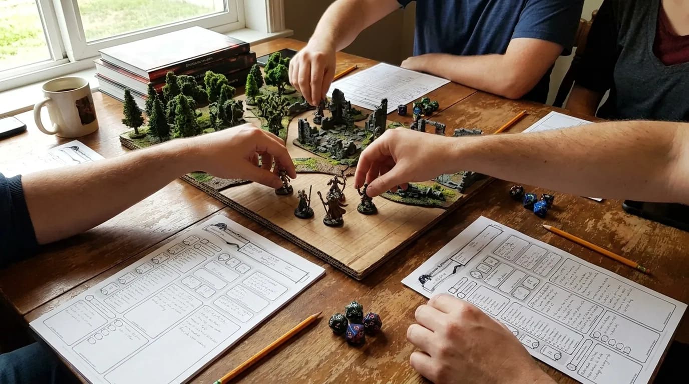 Shelves of board games and card games in a San Francisco tabletop gaming shop with players at communal tables