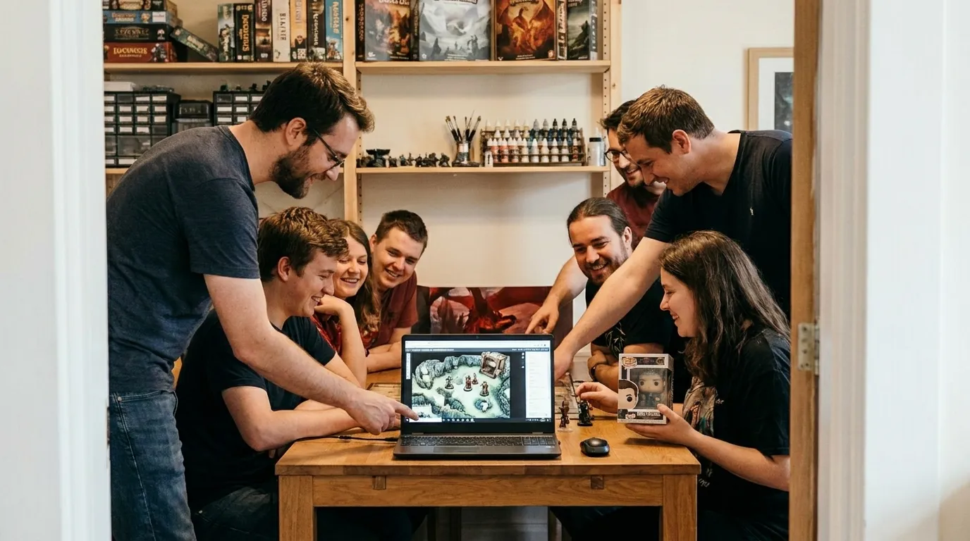 Close-up of painted gaming miniatures and hobby supplies on a workbench in a San Francisco gaming community space