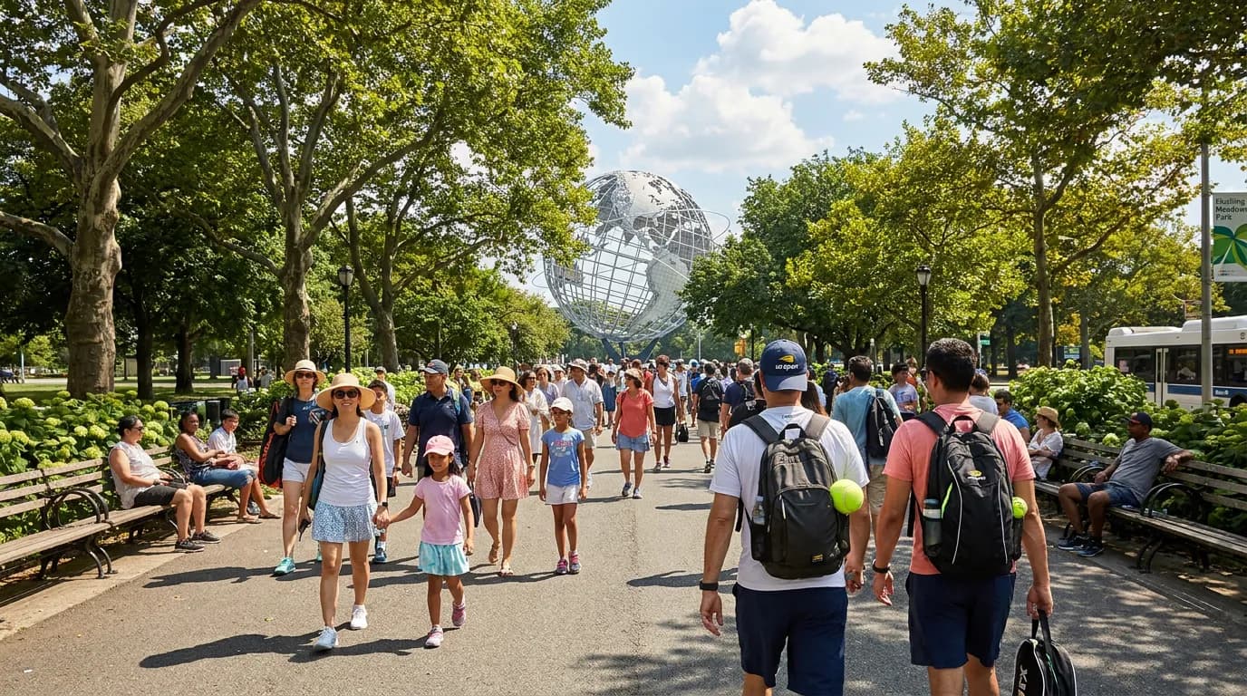 Photorealistic US Open tennis scene for Corona Park Walks Before US Open Matches.