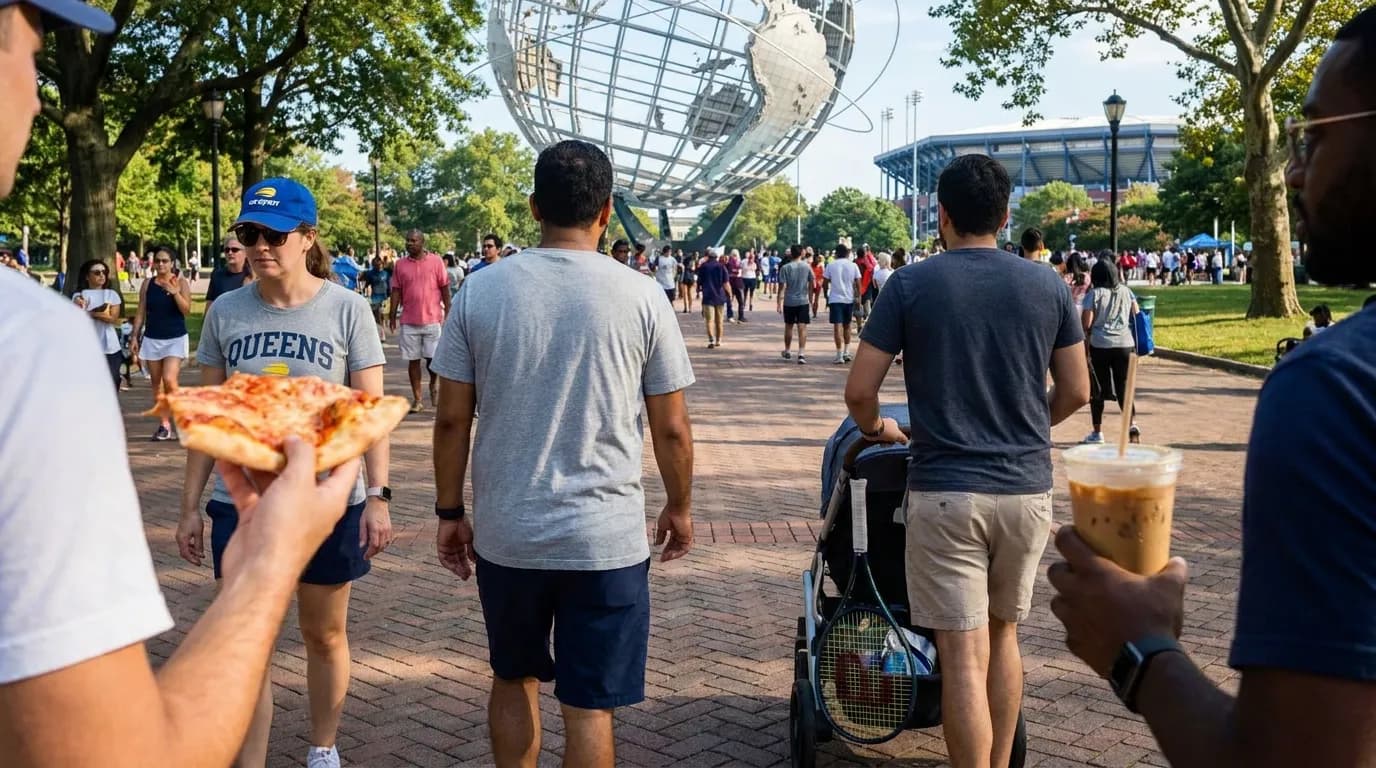 Photorealistic tennis scene illustrating Corona Park Walks Before US Open Matches.
