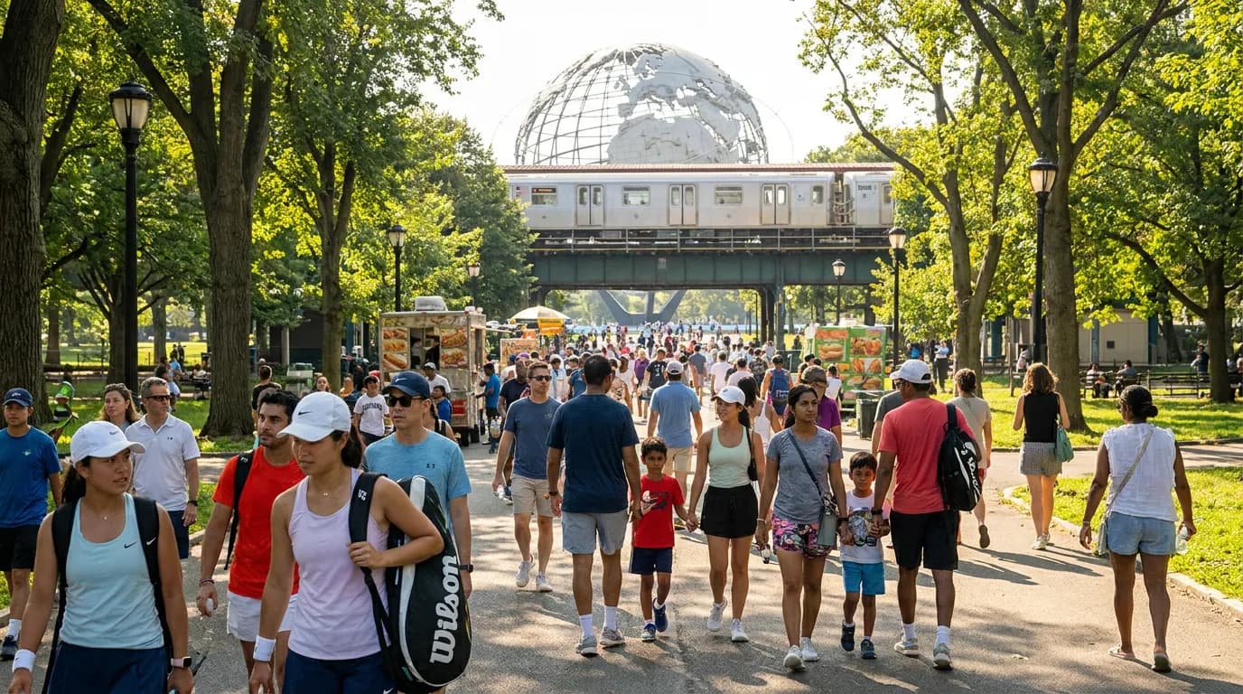 Bright US Open tennis atmosphere illustrating Corona Park Walks Before US Open Matches.