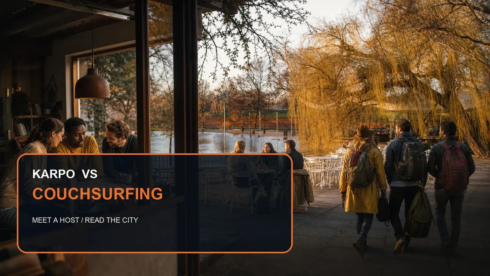 Karpo versus Couchsurfing in a photorealistic editorial city comparison.