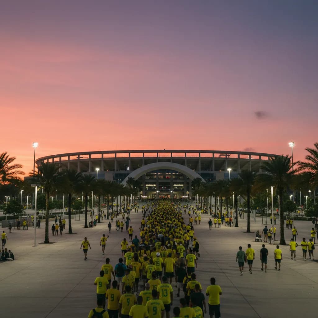 Brazil fans in yellow jerseys streaming toward a stadium at dusk in South Florida