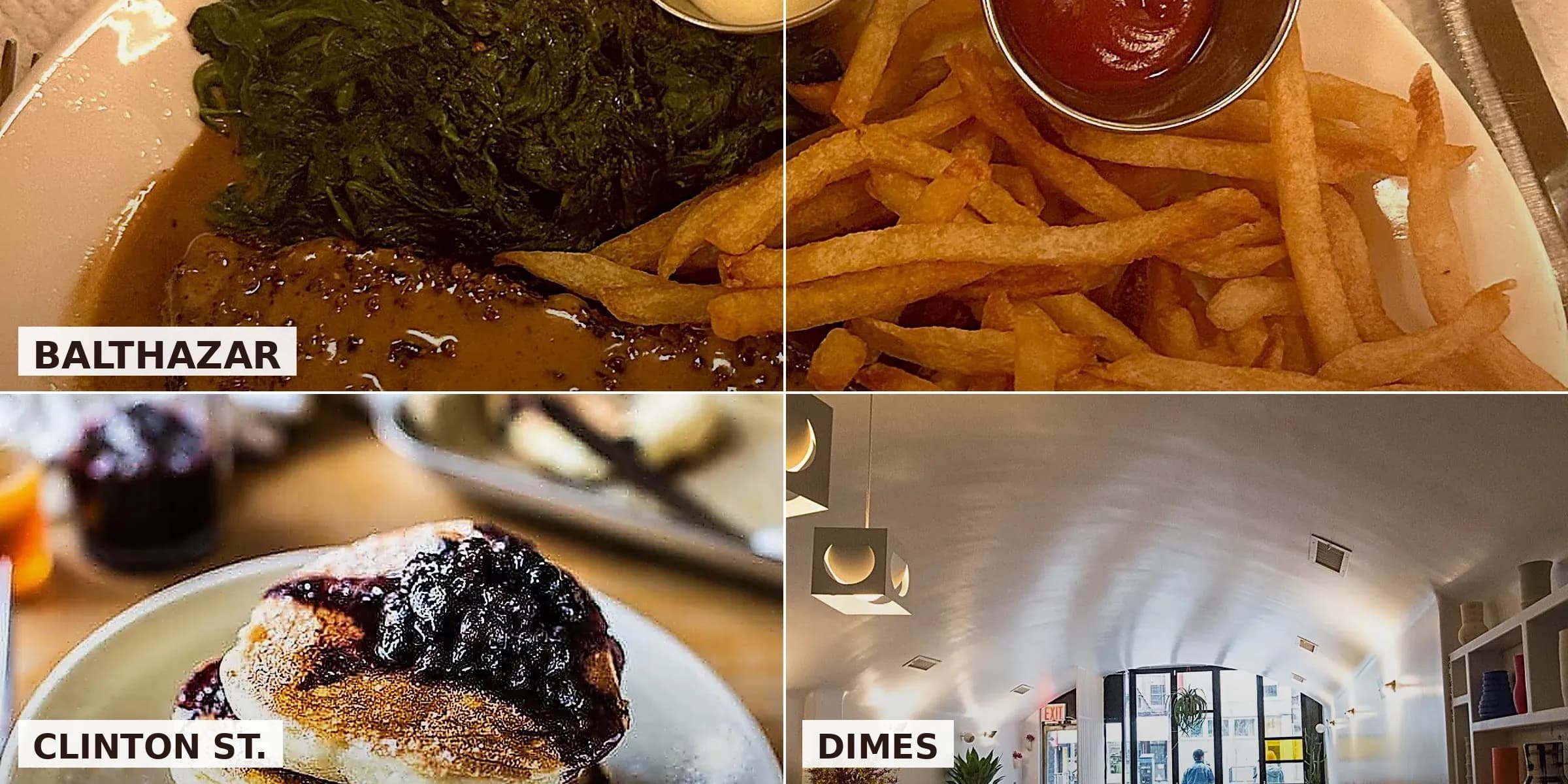 Photo cover: Balthazar (top), Clinton St Baking Co. blueberry pancakes (bottom-left), Dimes interior (bottom-right).