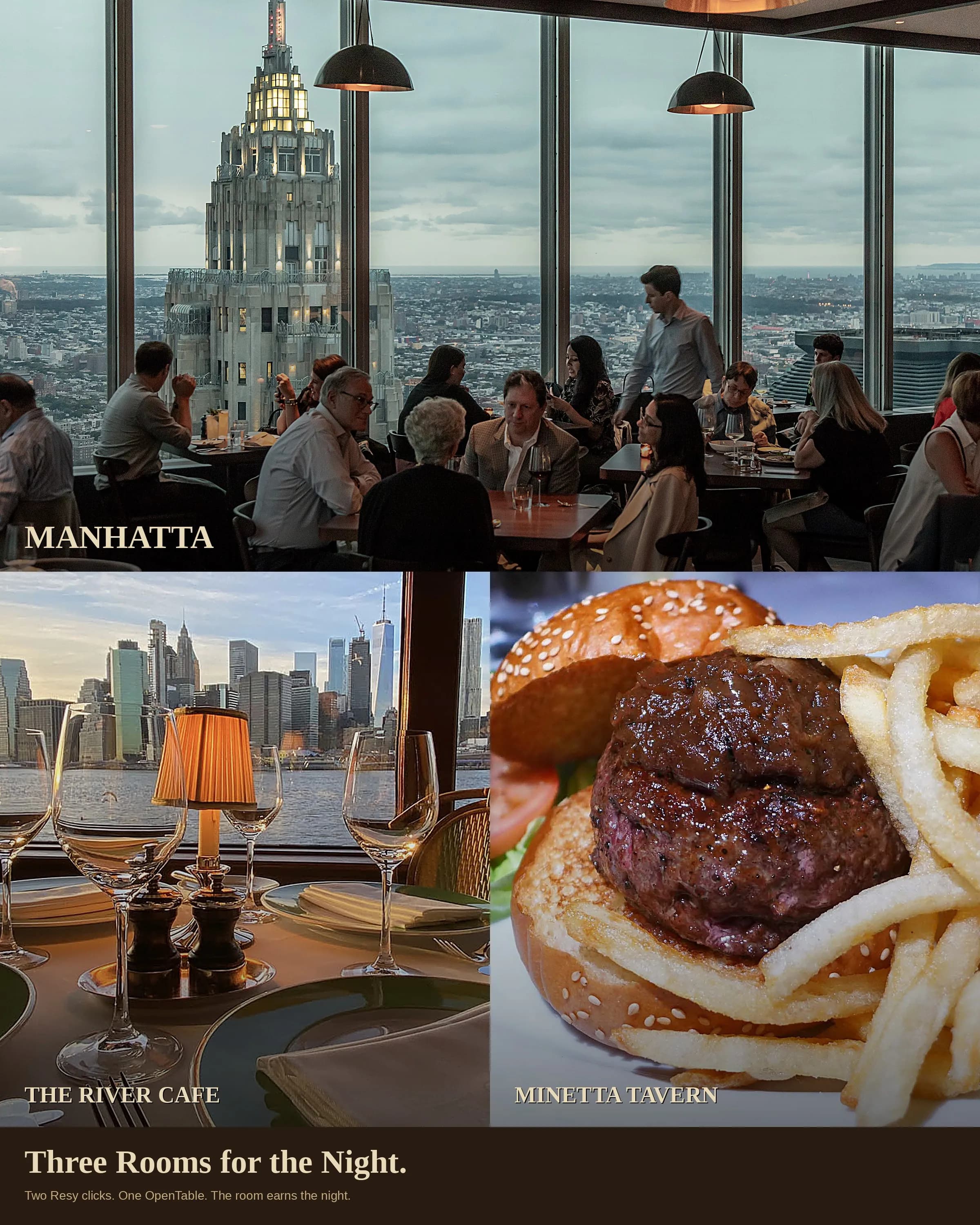 Photo cover: Manhatta (top), The River Cafe (bottom-left), Minetta Tavern (bottom-right). Three NYC rooms for the night.