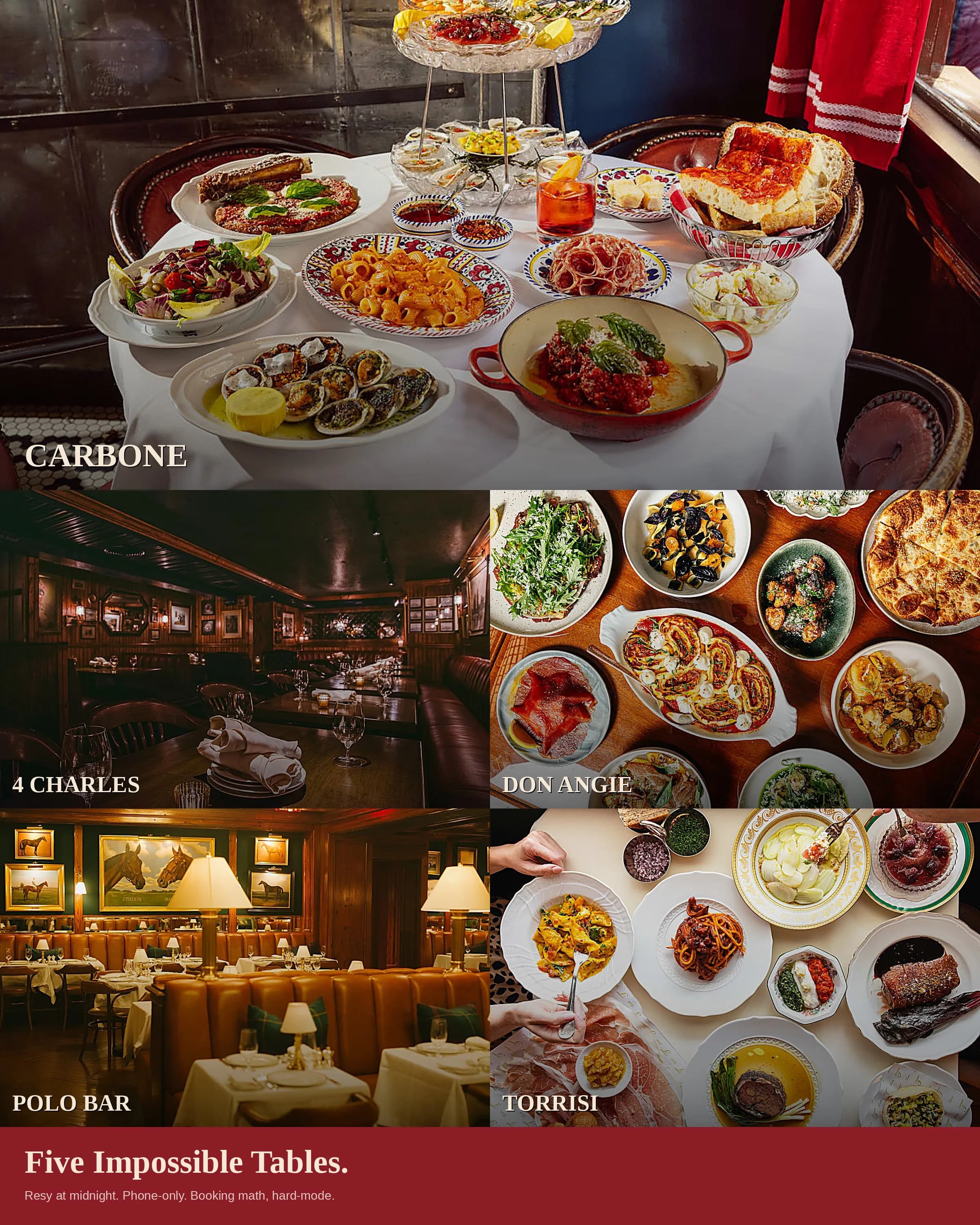 Photo cover: Carbone (top), 4 Charles, Don Angie, The Polo Bar, Torrisi — five of NYC's hardest reservations.