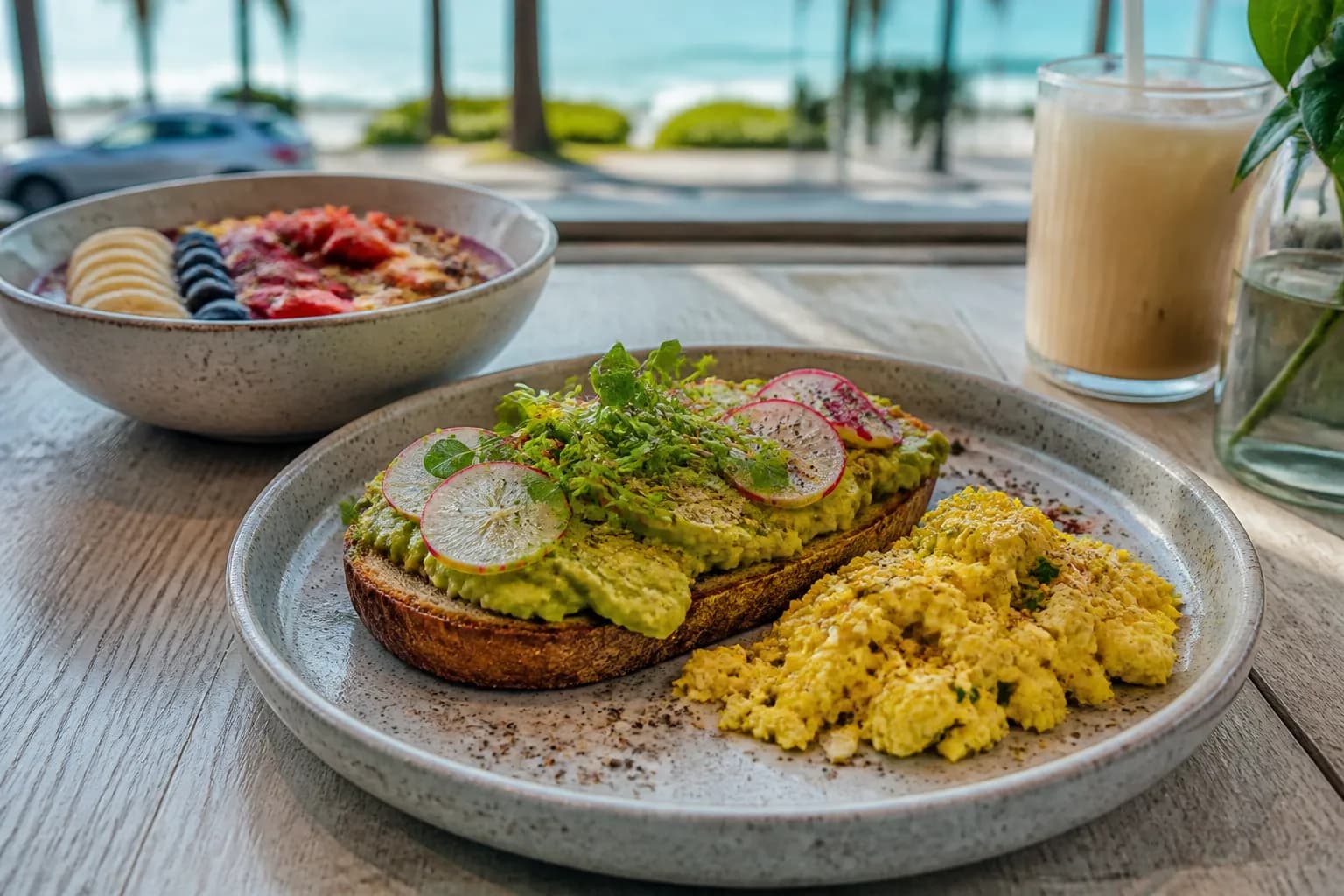 Editorial city scene for gluten free breakfast near me in Miami