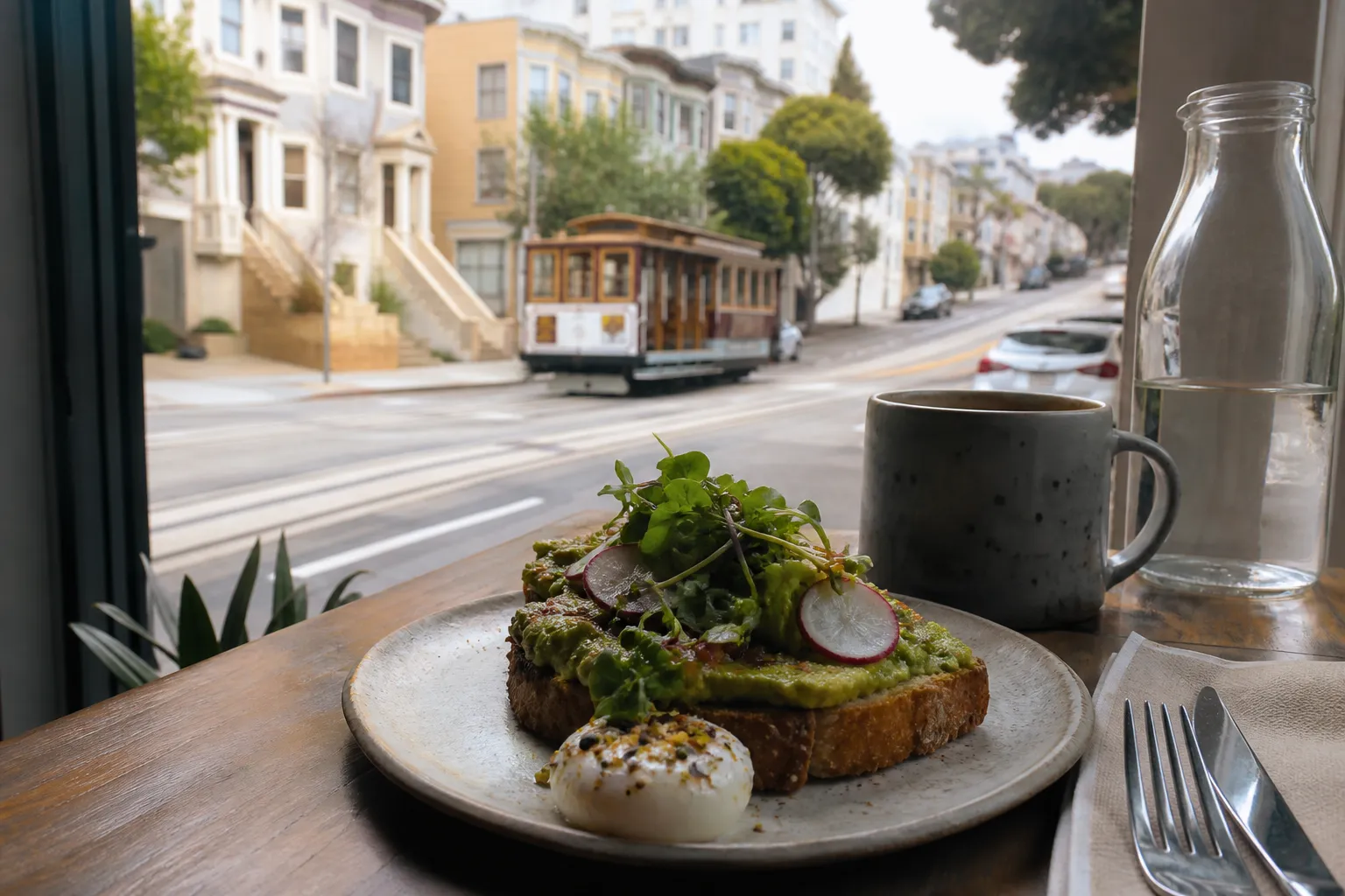Editorial city scene for gluten free breakfast near me in SF