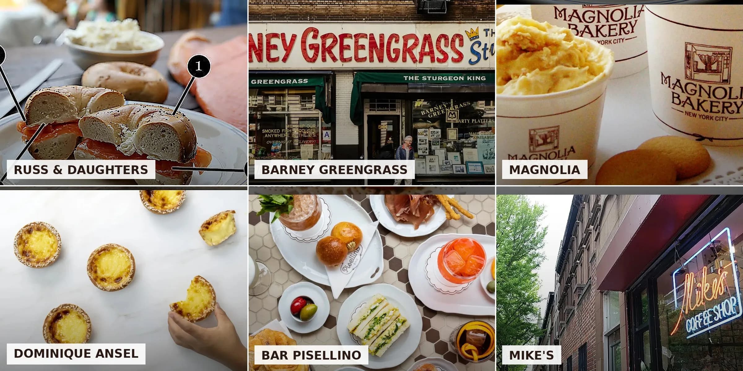 Photo cover: Six NYC walk-in counters — Russ & Daughters, Barney Greengrass, Magnolia, Dominique Ansel, Bar Pisellino, Mike’s.