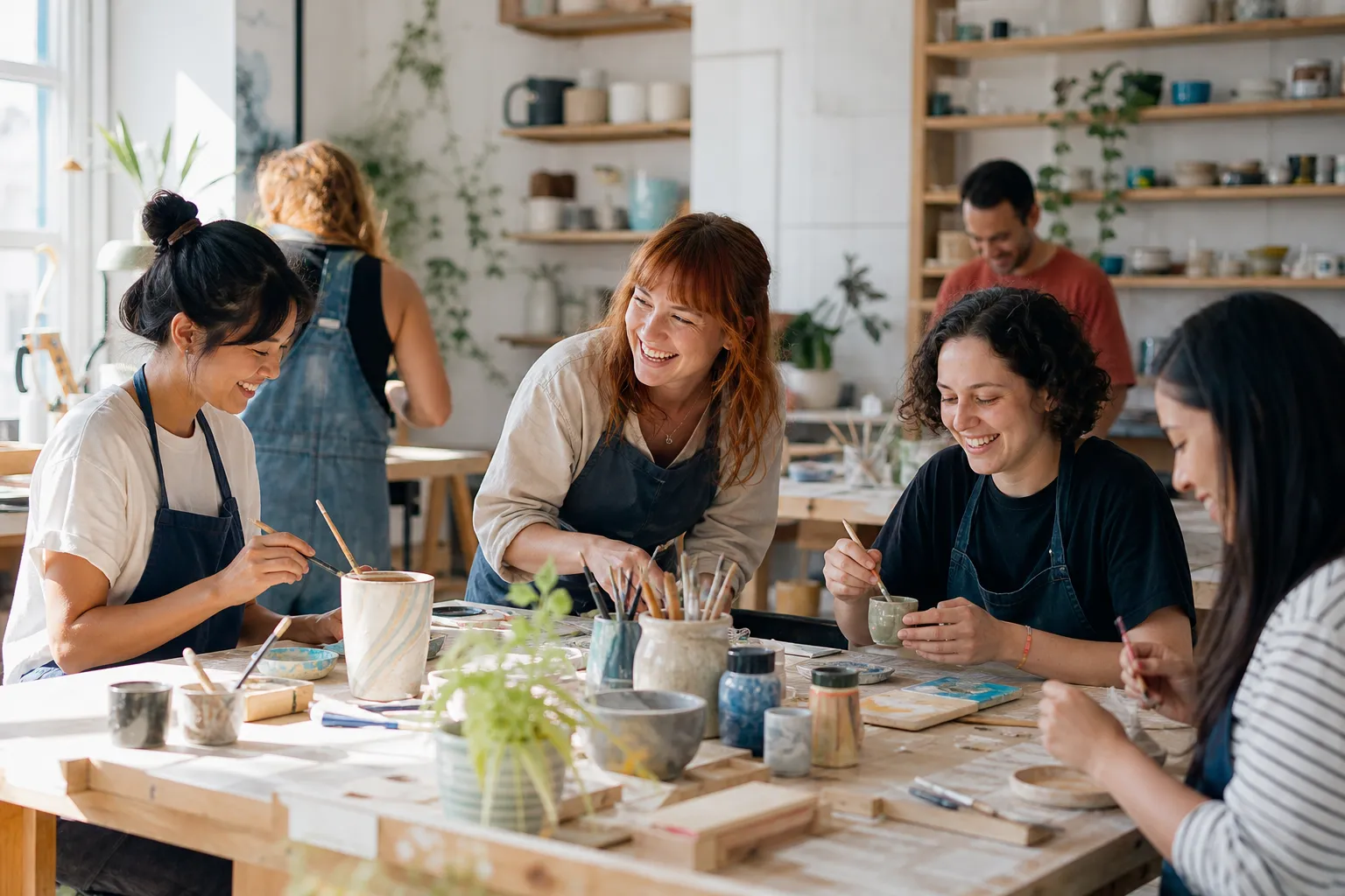 A bright Brooklyn-style workshop room with shelves, tools, and people making art