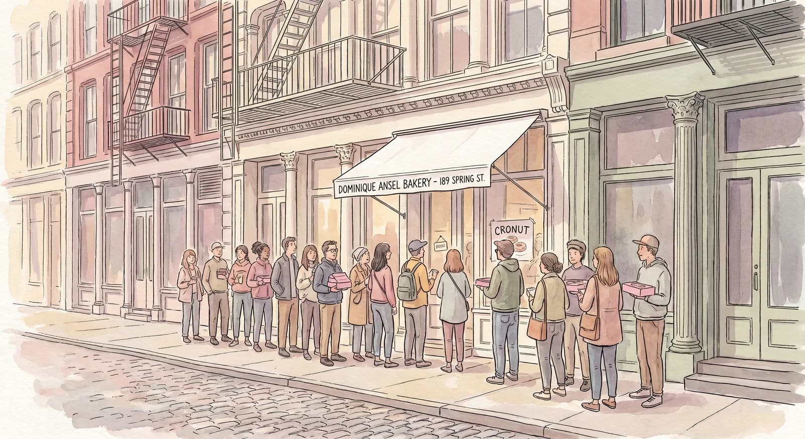 Saturday morning Cronut line outside Dominique Ansel Bakery at 189 Spring Street, SoHo, customers waiting under the awning with pink boxes
