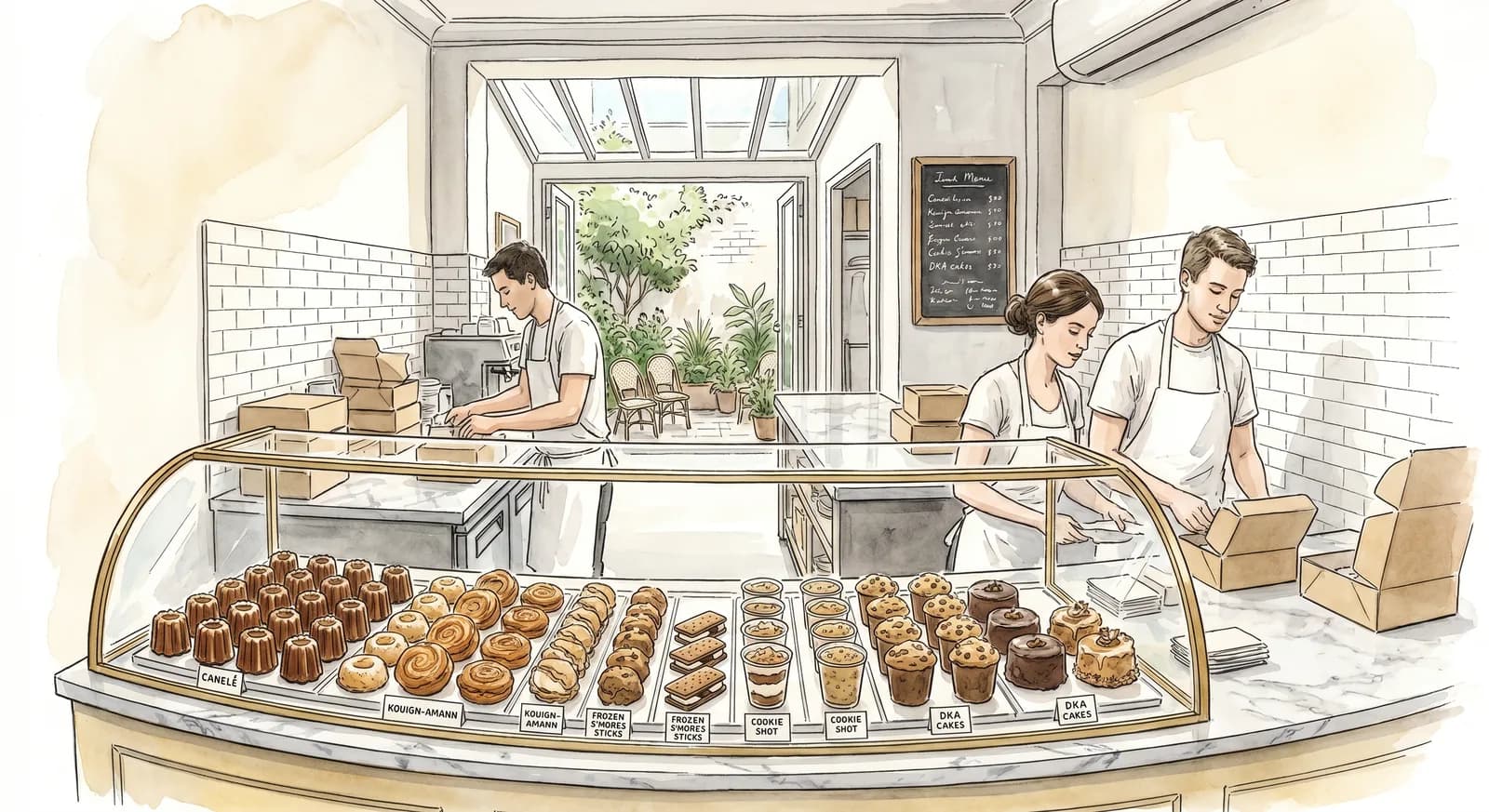 Interior pastry case at Dominique Ansel Bakery on Spring Street, kouign-amann and canele in neat rows under marble countertops