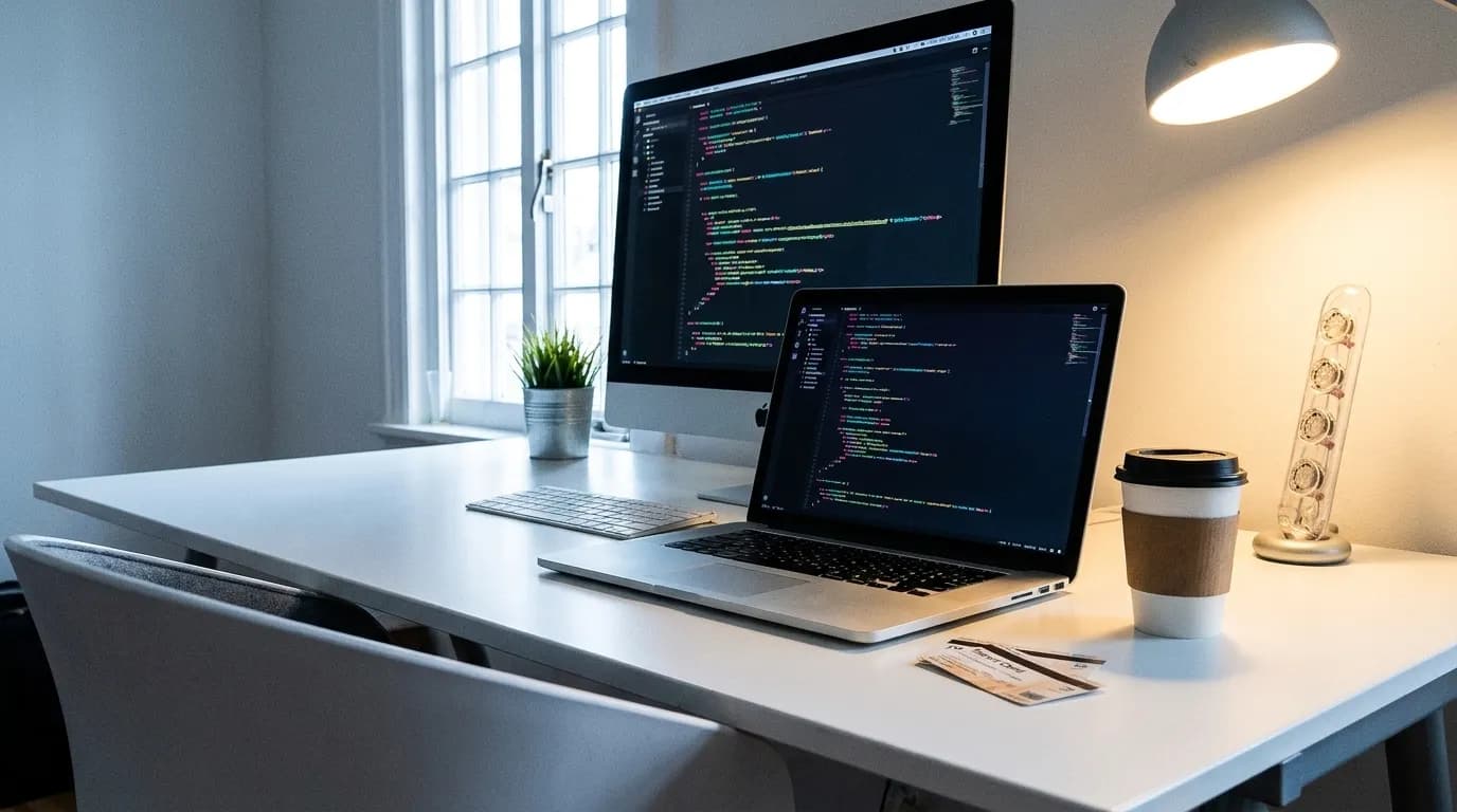 A photorealistic developer desk comparing Cursor coding workflows with Karpo city-day planning