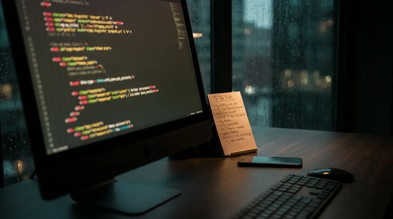 A dark coding desk with a rain-streaked city window and an evening plan waiting nearby
