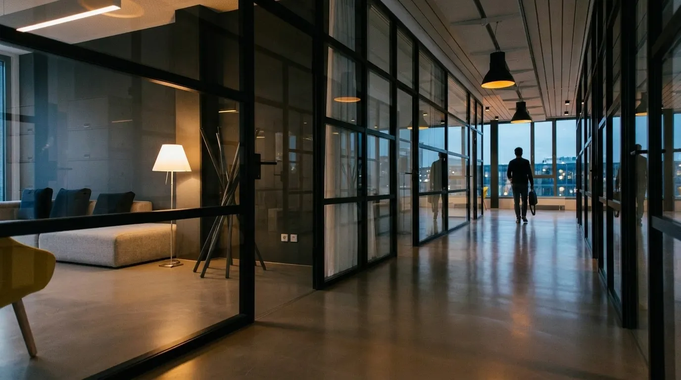 A developer leaving a glass-walled office as the real city day begins