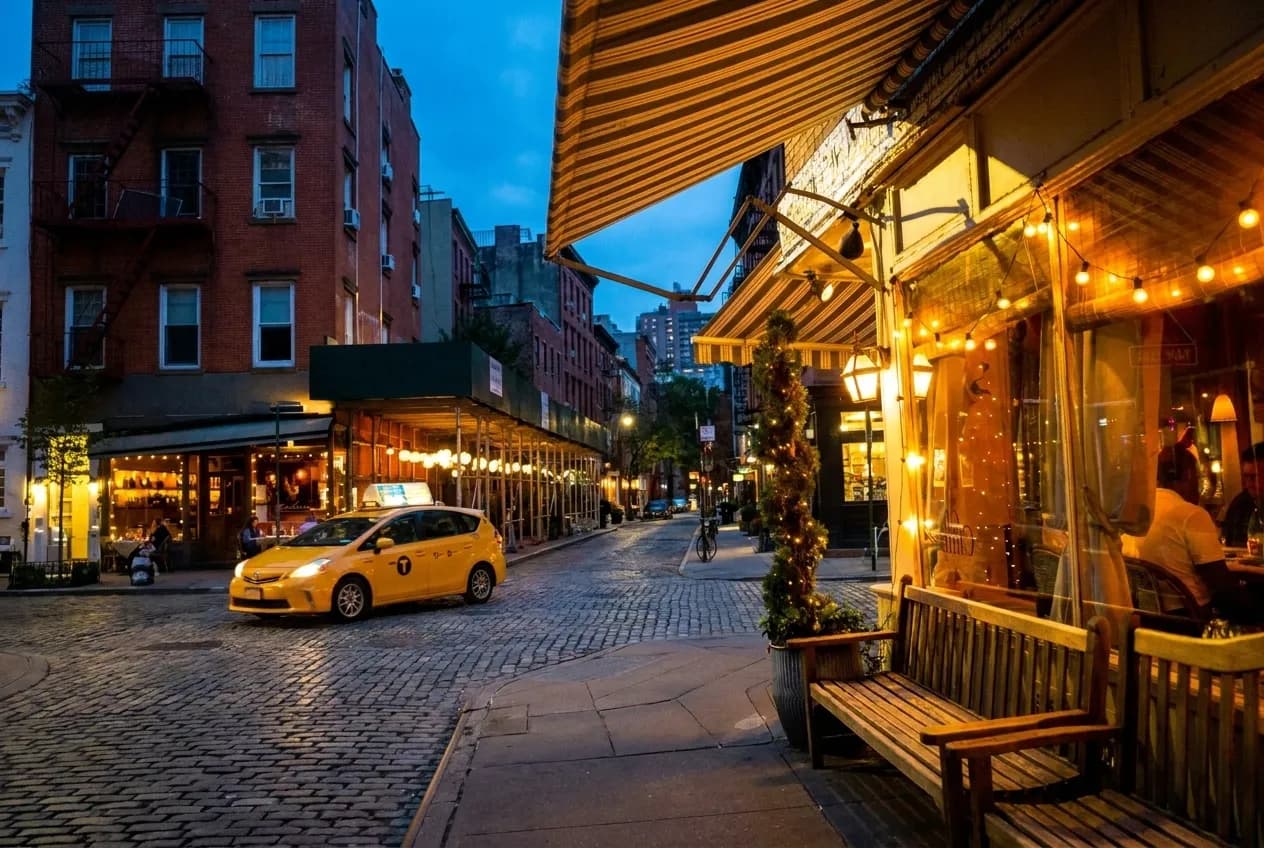 Cobblestone West Village street at dusk with glowing restaurant awnings, string lights, and a yellow taxi rolling past