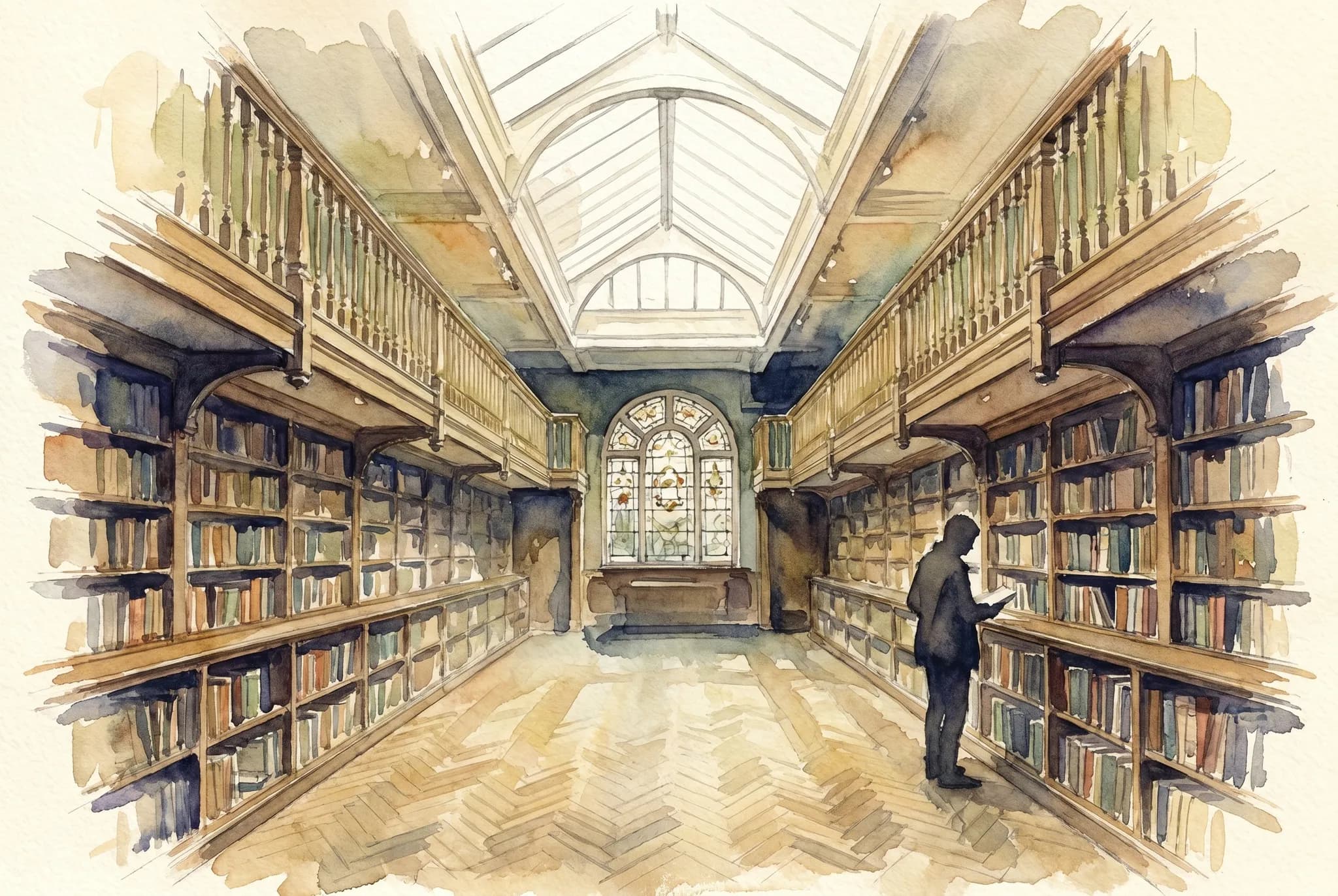 AI-generated watercolor: the long Edwardian back gallery of Daunt Books Marylebone — two-story oak galleries lined with travel hardcovers, narrow brass-railed upper balcony, large arched skylight pouring soft daylight onto parquet floor, stained-glass clerestory at the far end, one silhouetted figure browsing low on the right, deep one-point perspective