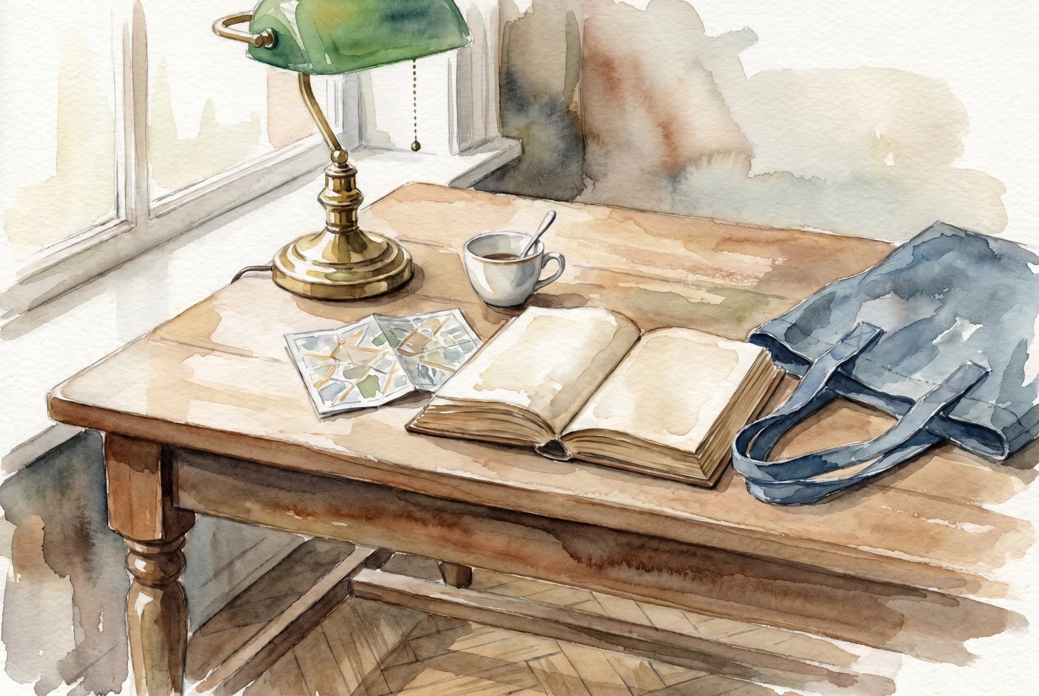 AI-generated watercolor: still life on a Daunt oak browsing table near the window — a single open hardcover travel book face-down, two folded blue paper Daunt Books canvas-tote handles, a brass desk lamp with green shade unlit, a small folded city map, a porcelain coffee cup, soft afternoon window light from the left, parquet floor visible beneath