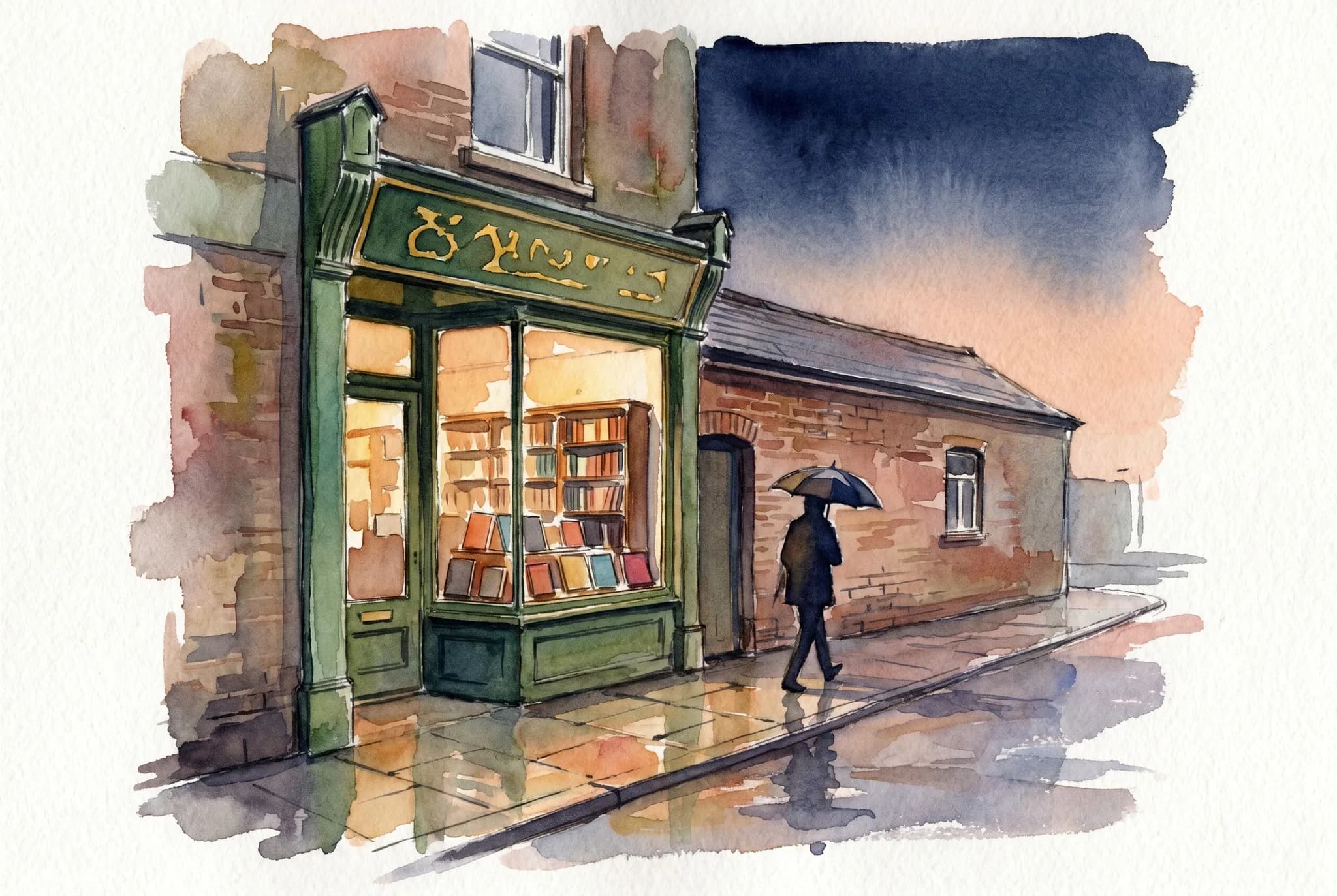 AI-generated watercolor: exterior of Daunt Books on Marylebone High Street at dusk — narrow Edwardian shopfront with green-painted facade, illegible gold signboard above the window, bay window stacked with hardcovers under warm interior light, brass door handle, low brick neighboring building, pavement wet from light rain, deep navy sky fading to peach, a single silhouetted pedestrian walking past with an umbrella