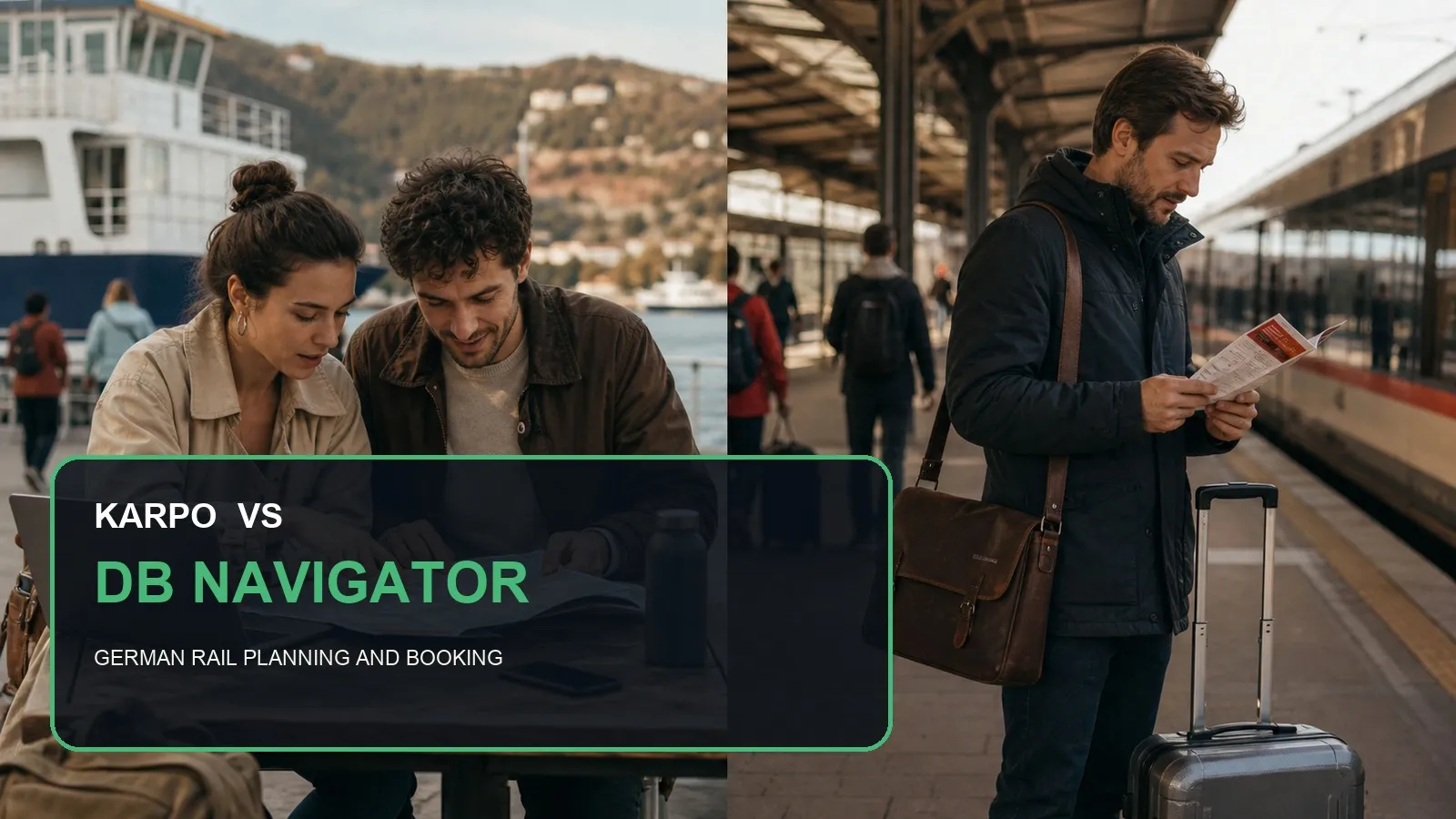 Karpo versus DB Navigator in a photorealistic editorial comparison.
