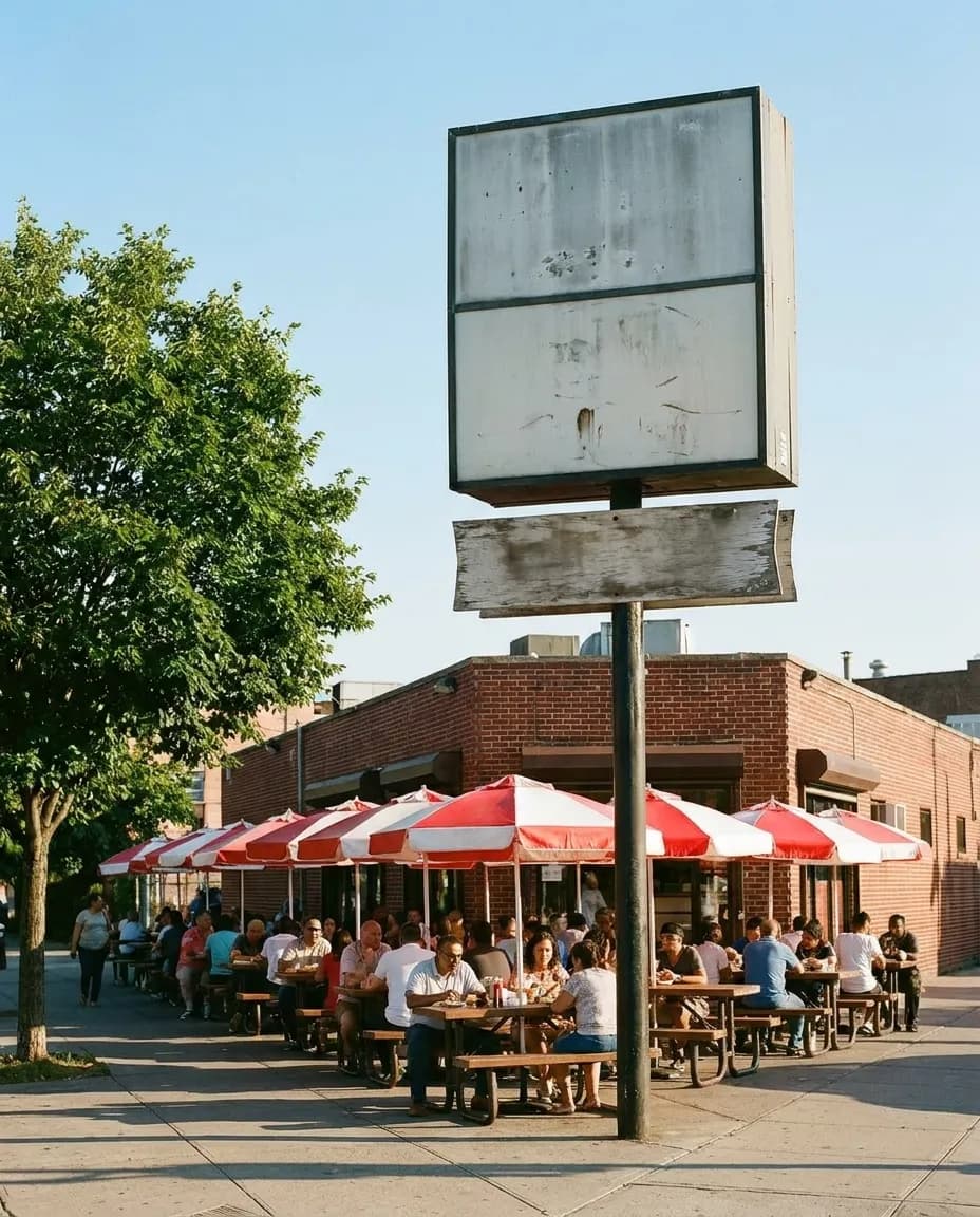 Picnic tables with red and white umbrellas outside a brick corner pizzeria in Bensonhurst, Brooklyn on a sunny afternoon