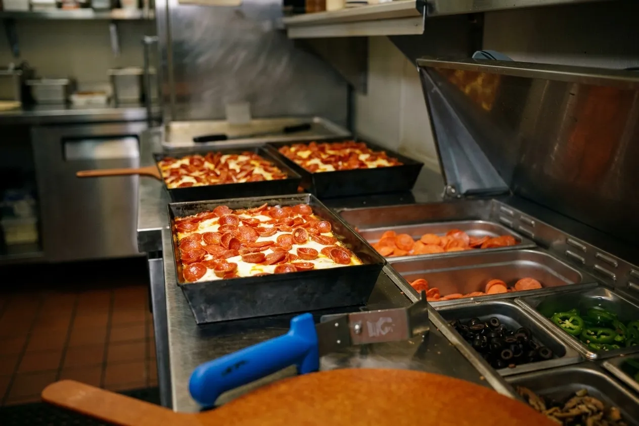 Warmly lit pizzeria counter lined with square Detroit-style pies in steel pans
