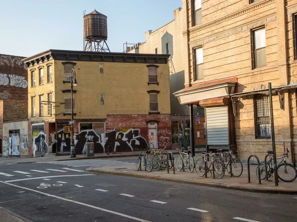 Wide view of a brick corner building on a Williamsburg street in late afternoon light