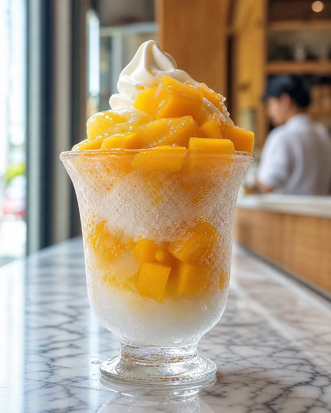 A bright close-up of colorful shaved ice and soft serve textures on a counter