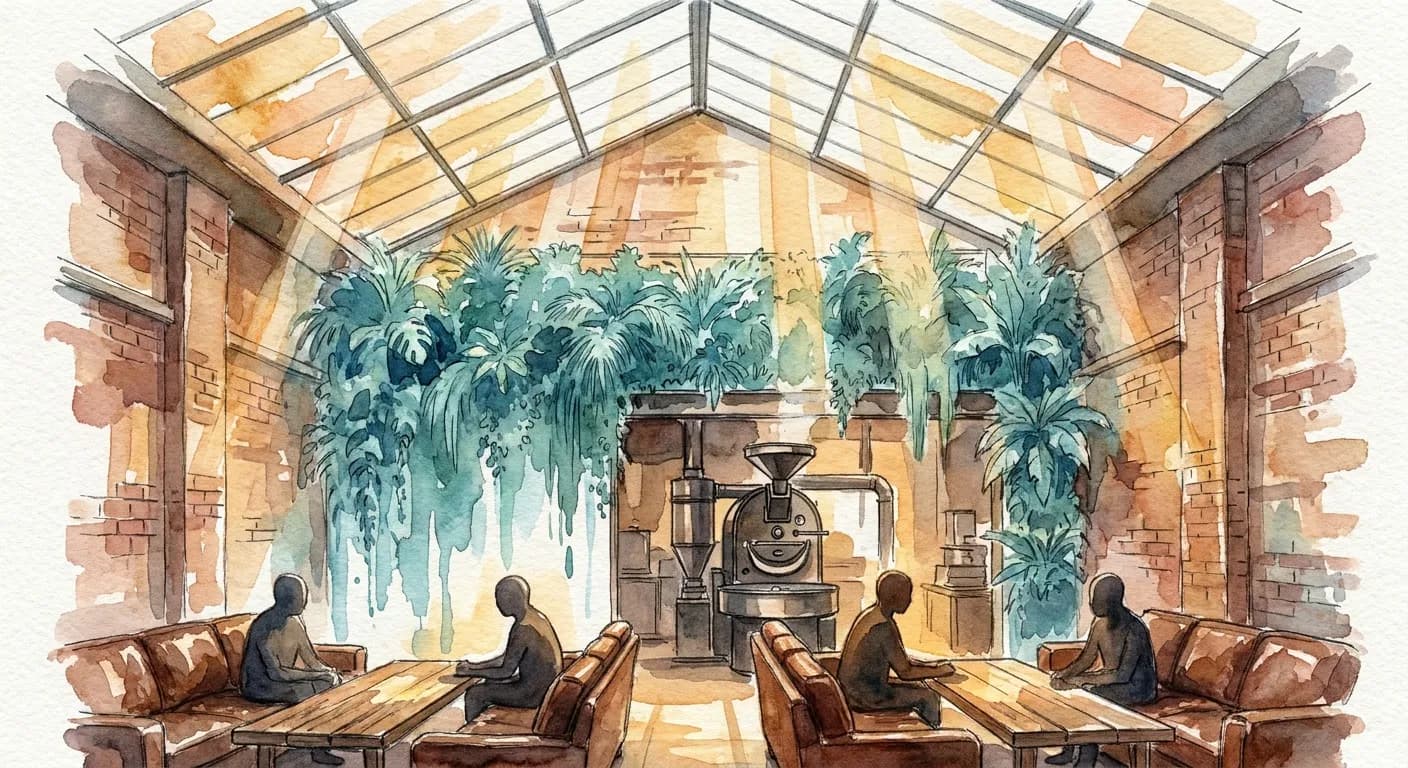 AI-generated watercolor: the soaring interior of a converted meatpacking plant turned coffee roastery, morning light pouring through a glass pitched skylight onto a two-story living plant wall, warm amber and cool green palette