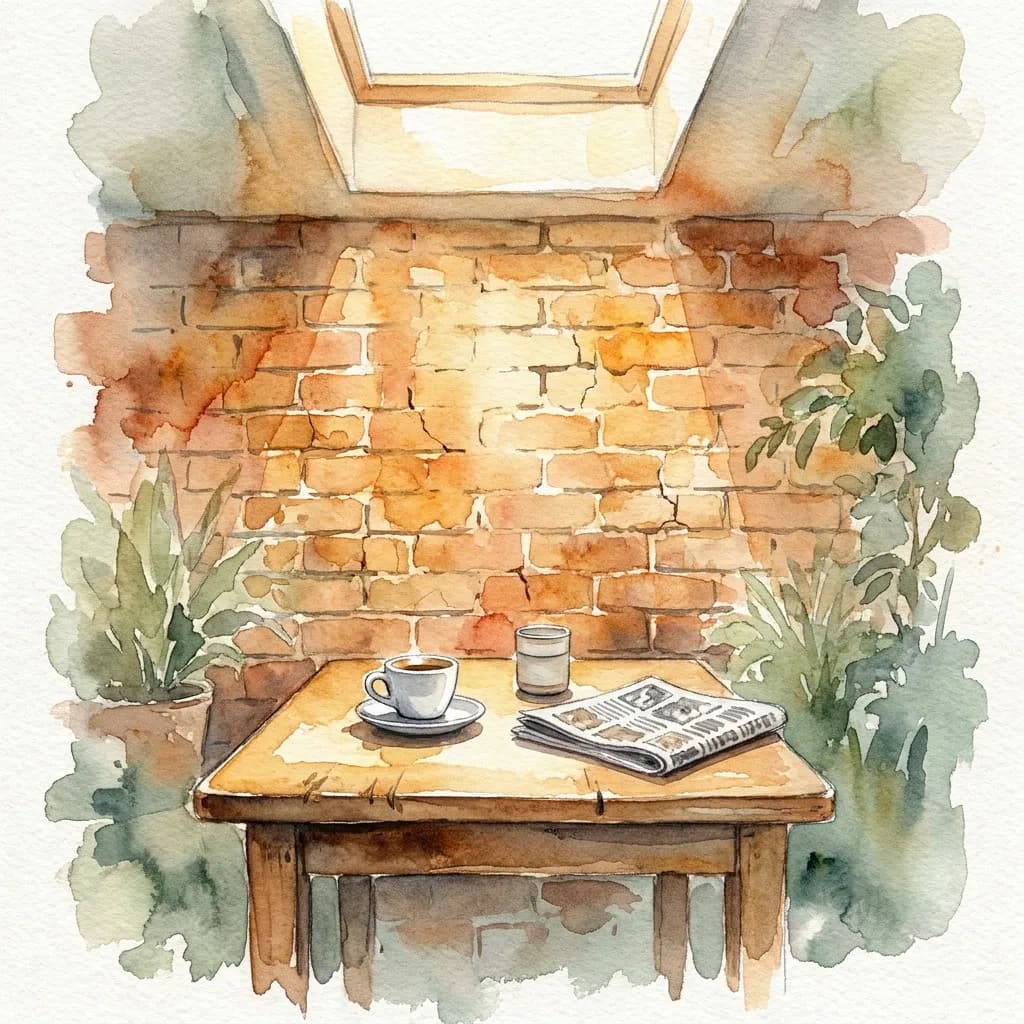 AI-generated watercolor: a single espresso cup and ceramic water glass on a wooden table, a raking column of morning light illuminating warm amber exposed brick wall, cool green plant tones in the soft-focus background