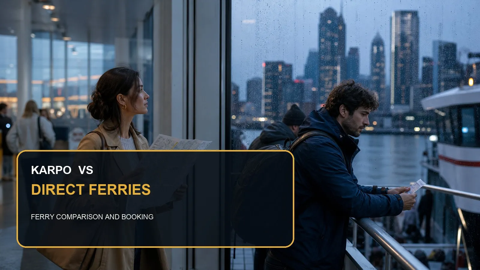 Karpo versus Direct Ferries in a photorealistic editorial comparison.