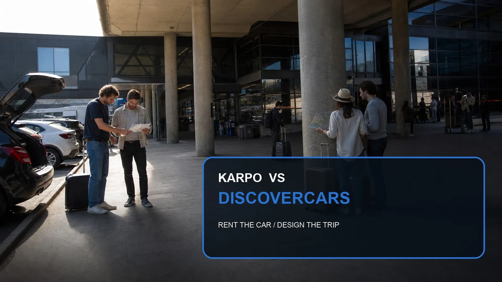 Karpo versus DiscoverCars in a photorealistic editorial city comparison.