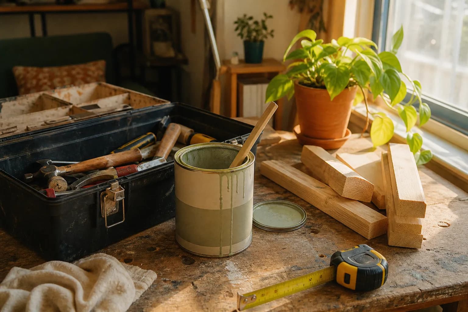 A cozy home-improvement DIY workbench with an open toolbox, paint can, tape measure, and lumber offcuts in warm afternoon light
