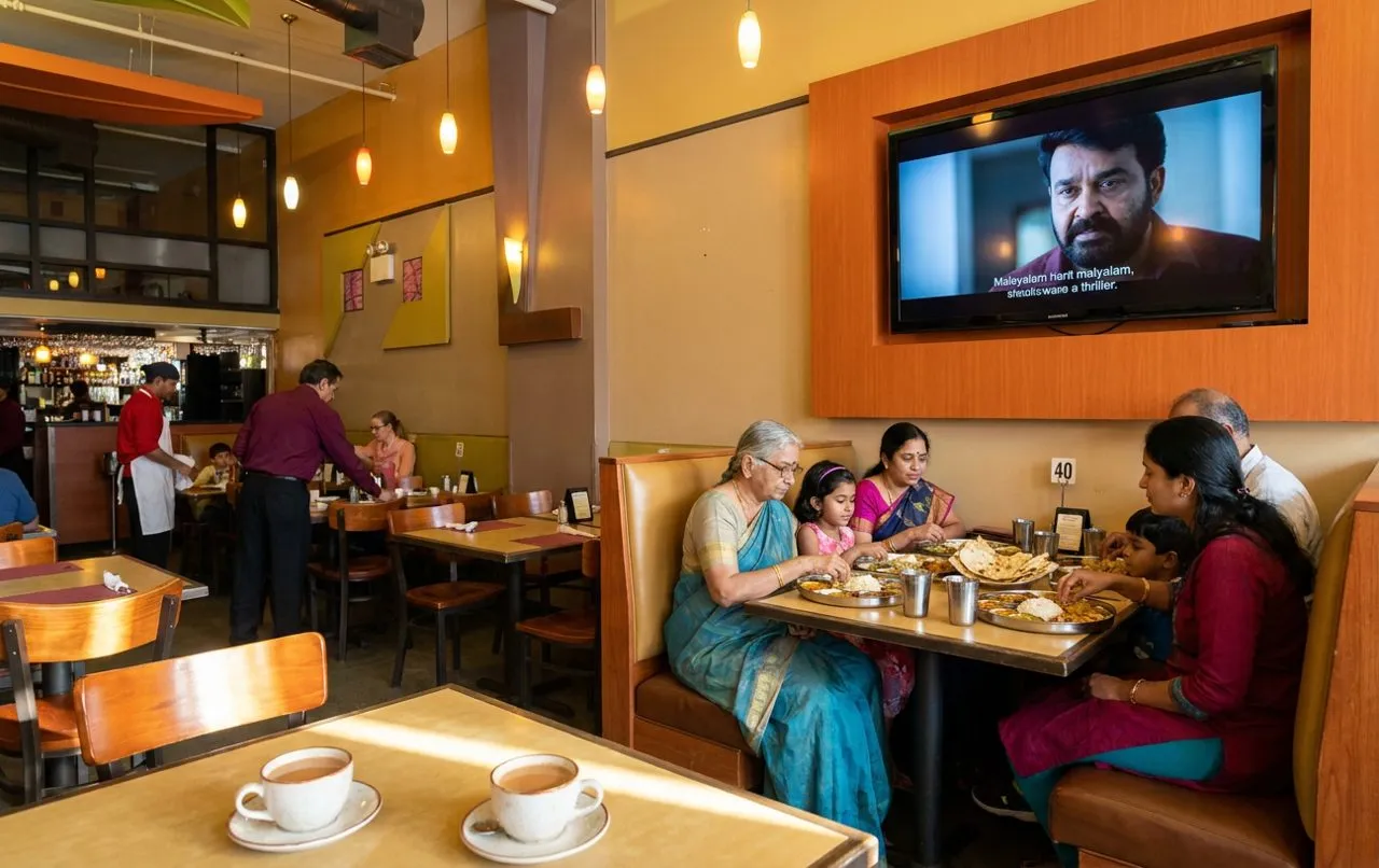 Jackson Diner-style Indian restaurant interior re-staged as a Drishyam 3 viewing room (img2img re-imagining of a real Jackson Diner photo)