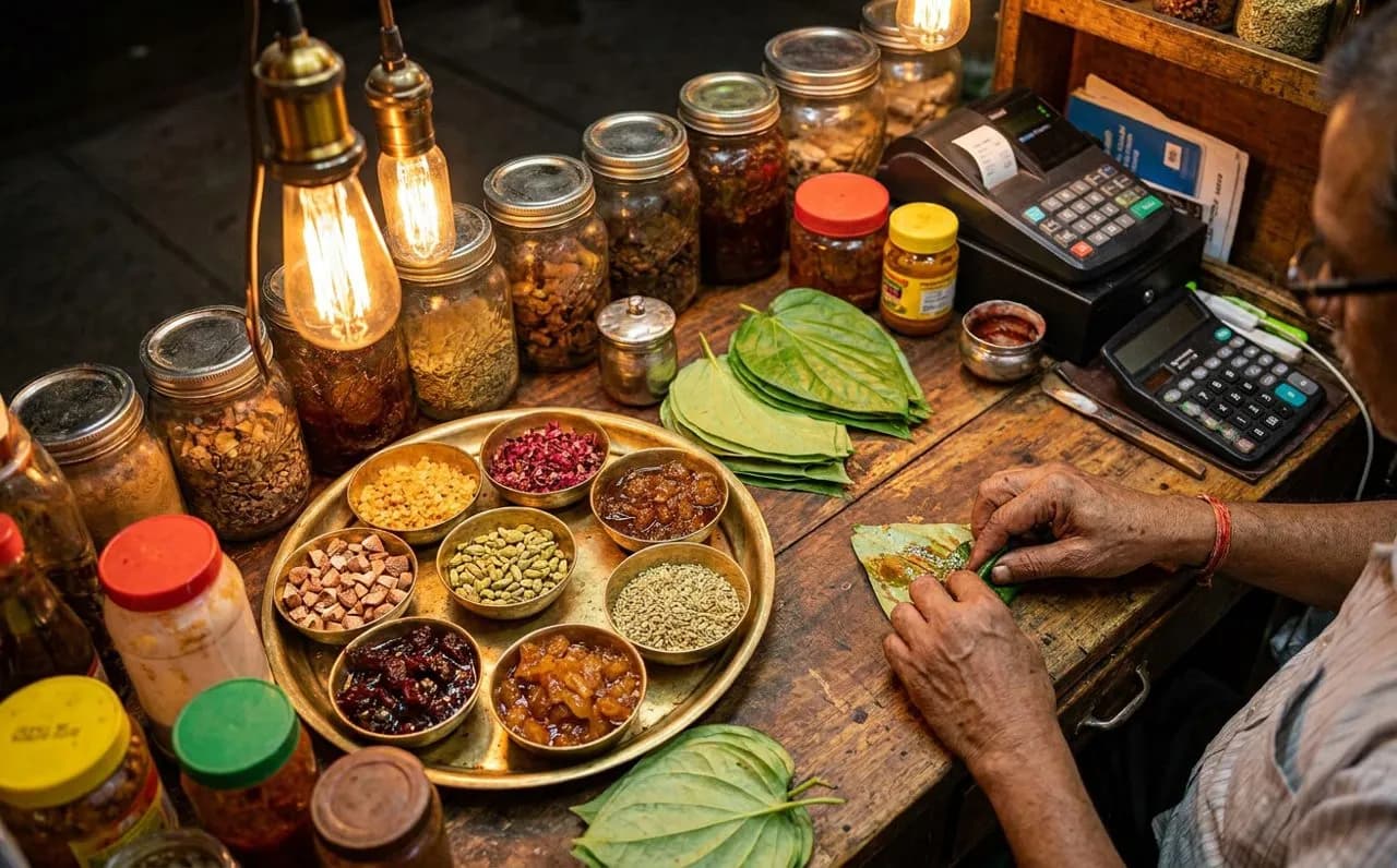 Paan counter at a Queens snack shop — fresh betel leaves, brass tray, sweet preserves under warm pendant light (img2img re-imagining of a real CC BY 4.0 Calcutta paan-shop photo)